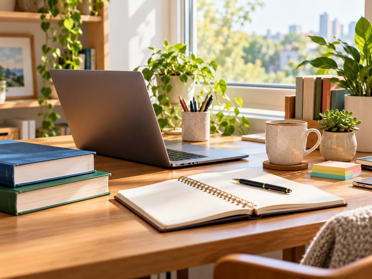Illustrative study desk with books, notebook, and laptop